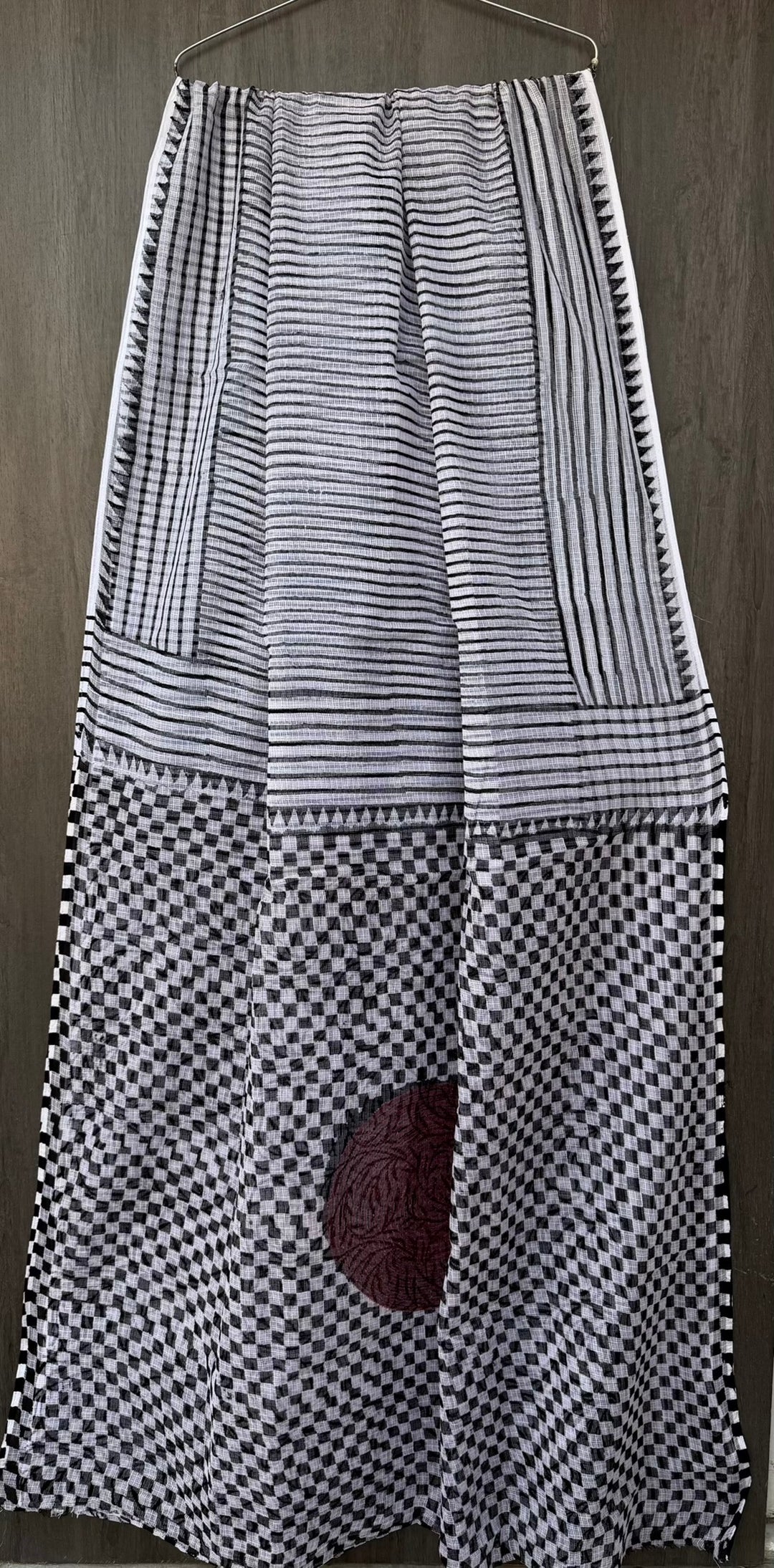 Monochrome Checkerboard Block Print Kota Doria Saree with Wine Motif