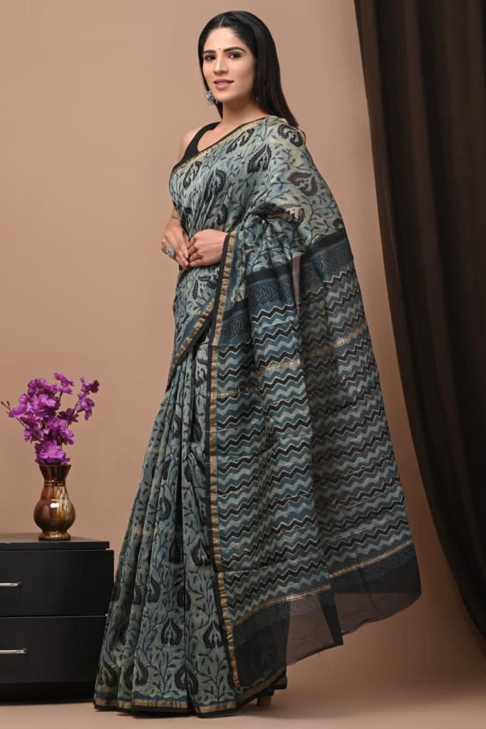 Grey & Indigo Ajrakh Handblock Printed Chanderi Silk Saree with Zig-Zag Border