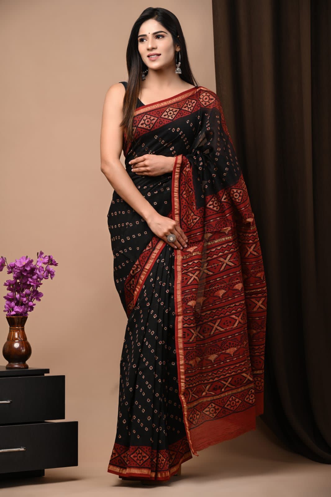 Classic Ajrakh Handblock Print Chanderi Silk Saree with Geometric Bandhej Pattern