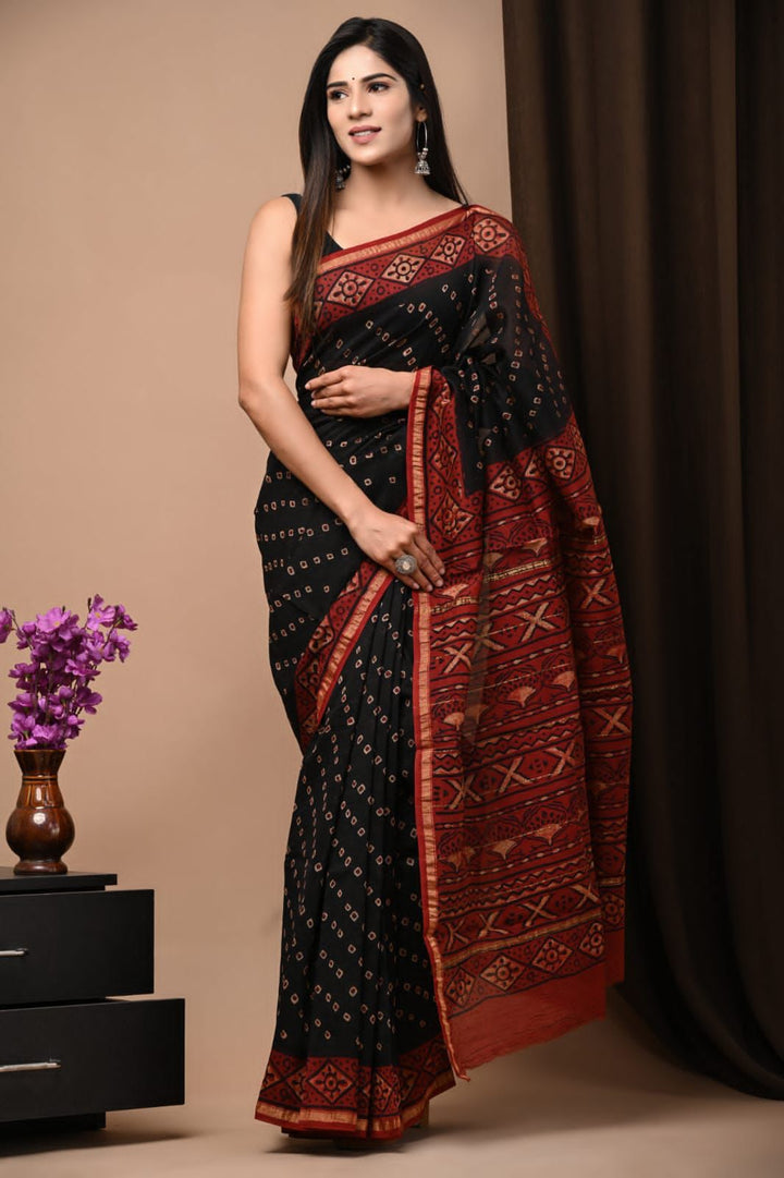 Classic Ajrakh Handblock Print Chanderi Silk Saree with Geometric Bandhej Pattern