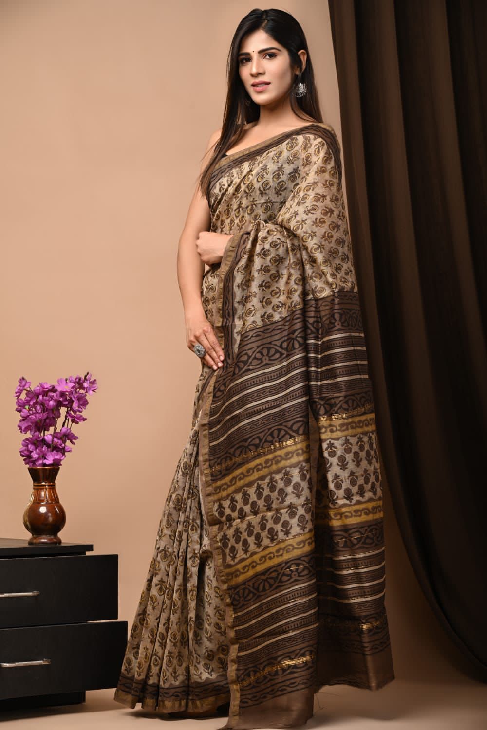 Vintage Beige and Earthy Brown Ajrakh Handblock Printed Chanderi Silk Saree