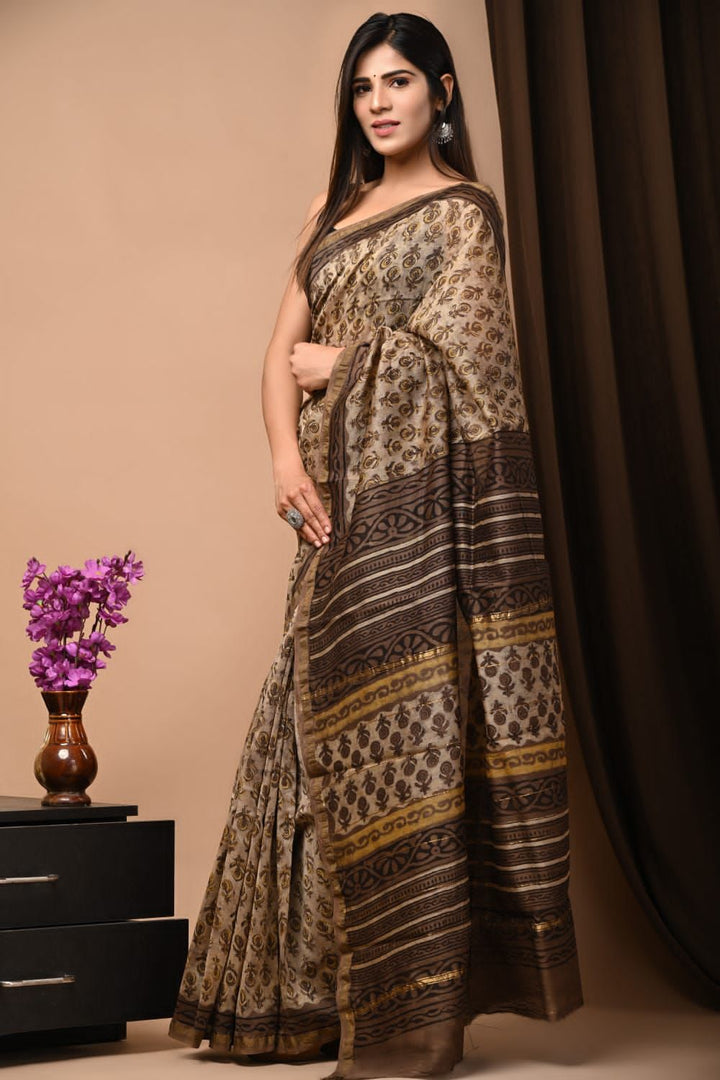 Vintage Beige and Earthy Brown Ajrakh Handblock Printed Chanderi Silk Saree