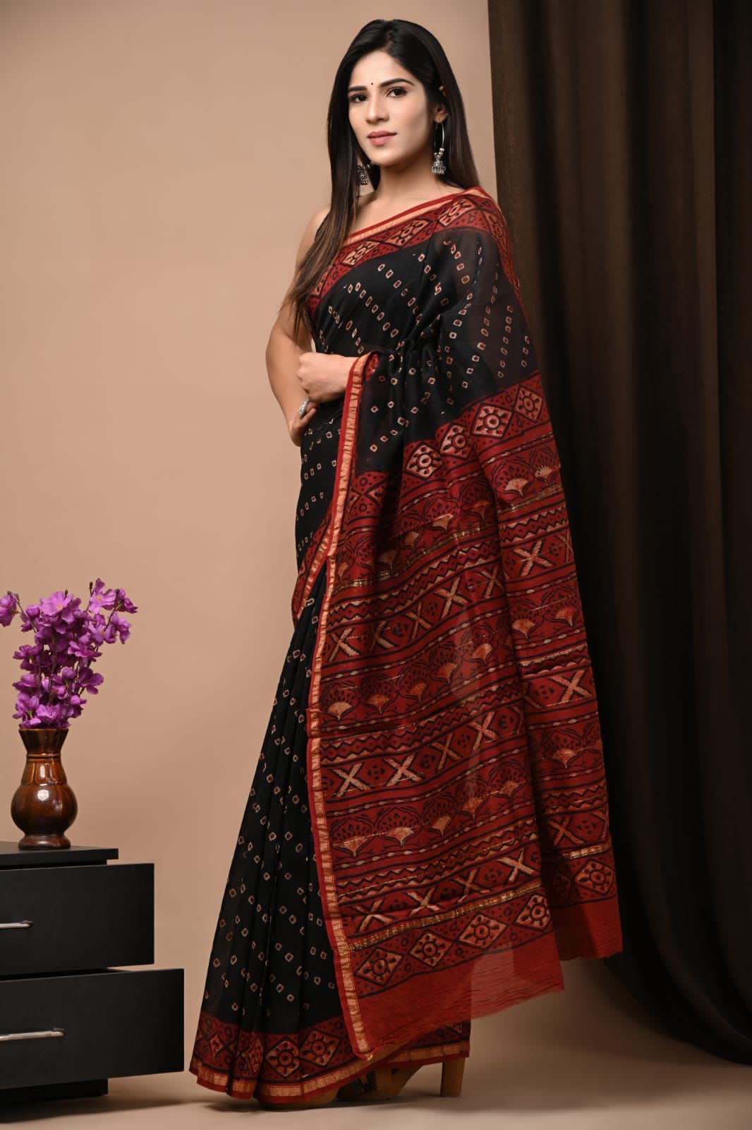 Classic Ajrakh Handblock Print Chanderi Silk Saree with Geometric Bandhej Pattern
