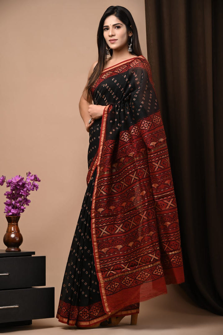 Classic Ajrakh Handblock Print Chanderi Silk Saree with Geometric Bandhej Pattern