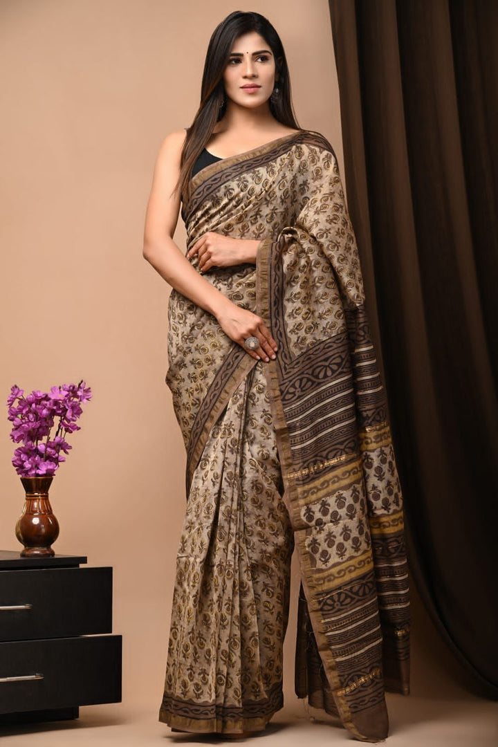 Vintage Beige and Earthy Brown Ajrakh Handblock Printed Chanderi Silk Saree