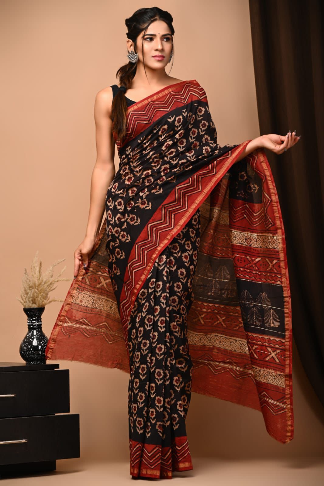 Black & Terracotta Chanderi Silk Saree with Artisan Ajrakh Handblock Print
