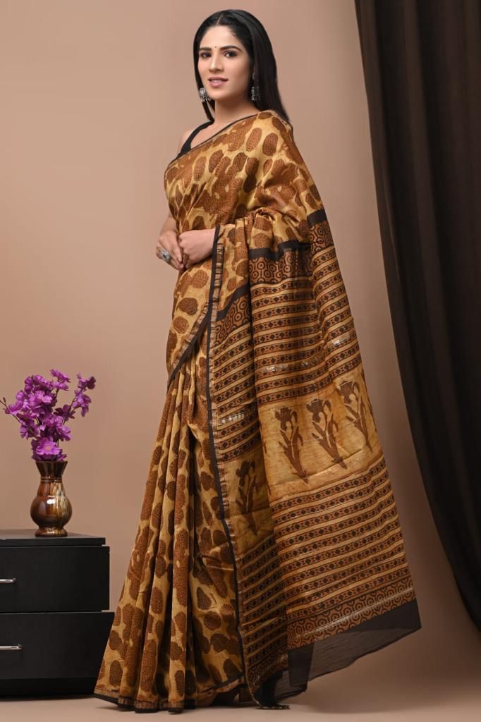 Mustard Yellow & Black Chanderi Silk Ajrakh Saree with Traditional Tree Motif
