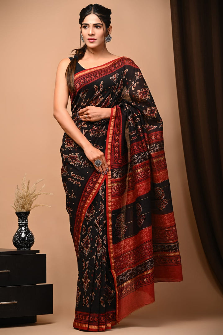 Authentic Black and Red Ajrakh Handblock Printed Chanderi Silk Saree