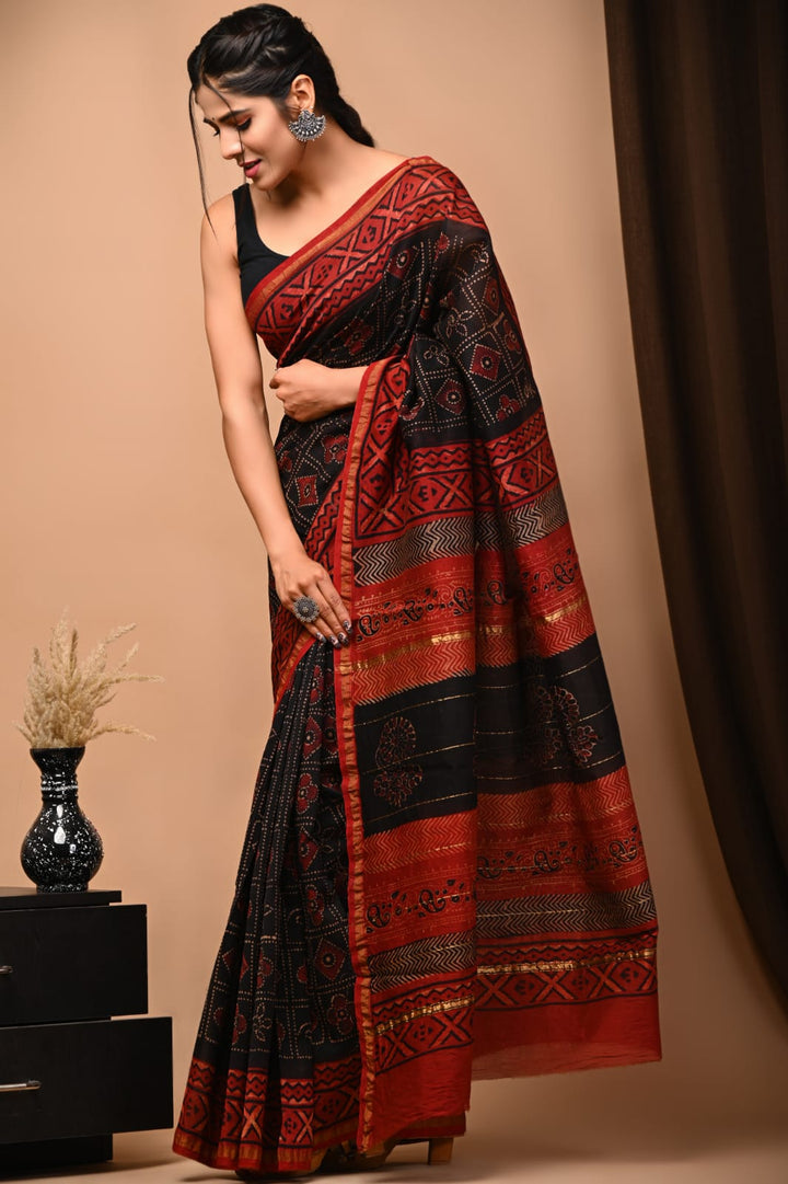 Authentic Black and Red Ajrakh Handblock Printed Chanderi Silk Saree
