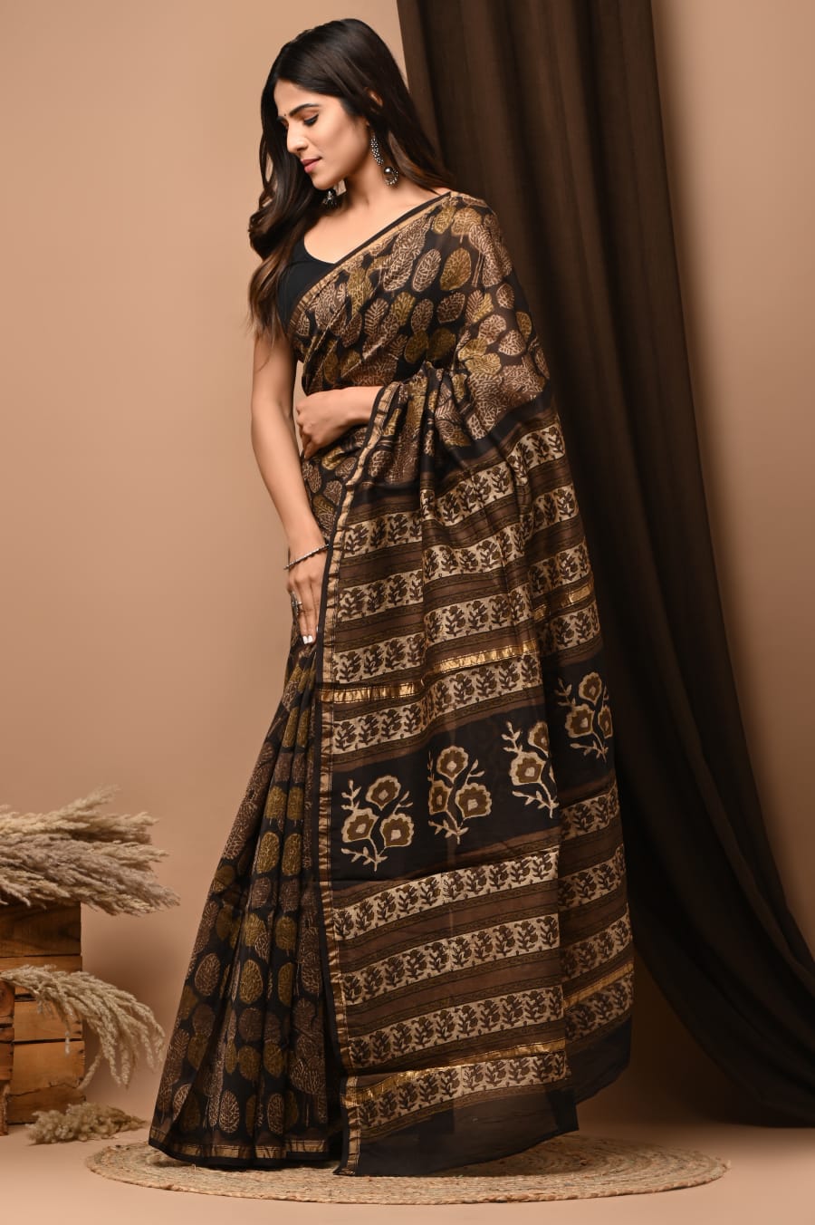 Chanderi Silk Saree in Earthy Brown Ajrakh Handblock Print with Zari Border