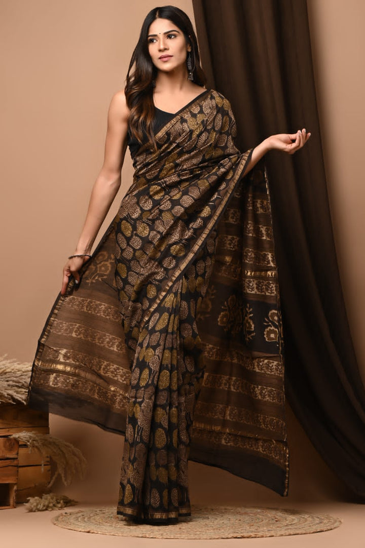 Chanderi Silk Saree in Earthy Brown Ajrakh Handblock Print with Zari Border