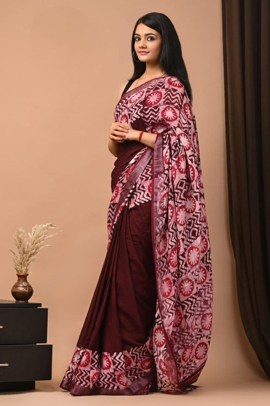 Linen cotton Handblock printed saree with blouse piece Batik