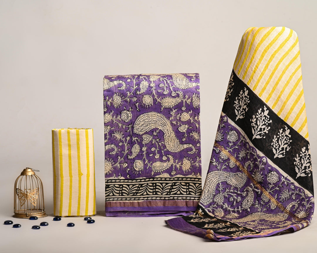 Royal Purple & Lemon Yellow Bagru Handblock Printed Chanderi Silk Suit Set