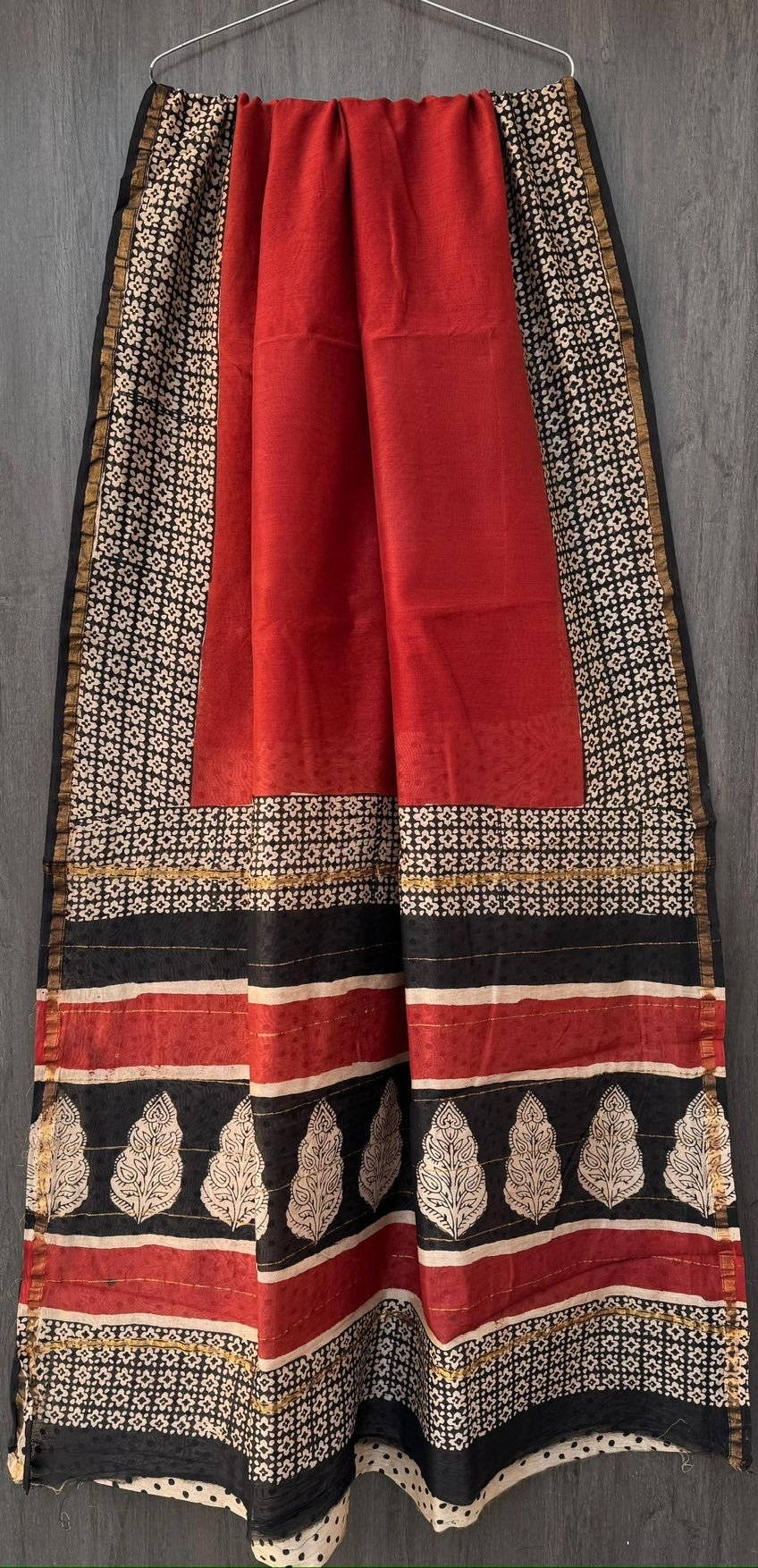 Chanderi Bagru Handblock Printed Silk Cotton Saree With Blouse Maroon And Beige