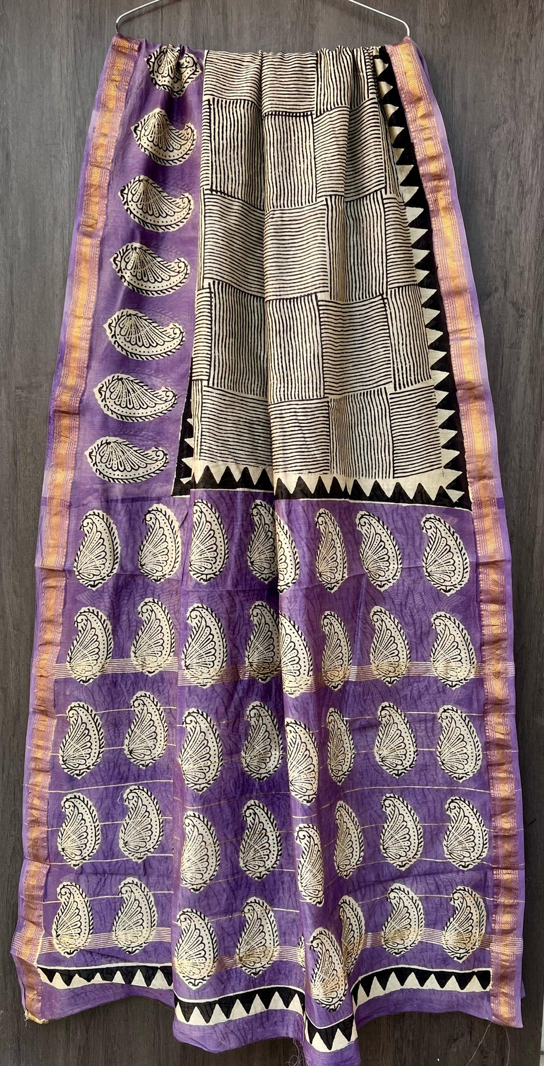 Pure Maheshwari Silk Saree - Dusty Rose Pink & Slate Blue Foliage Print with Zari Border