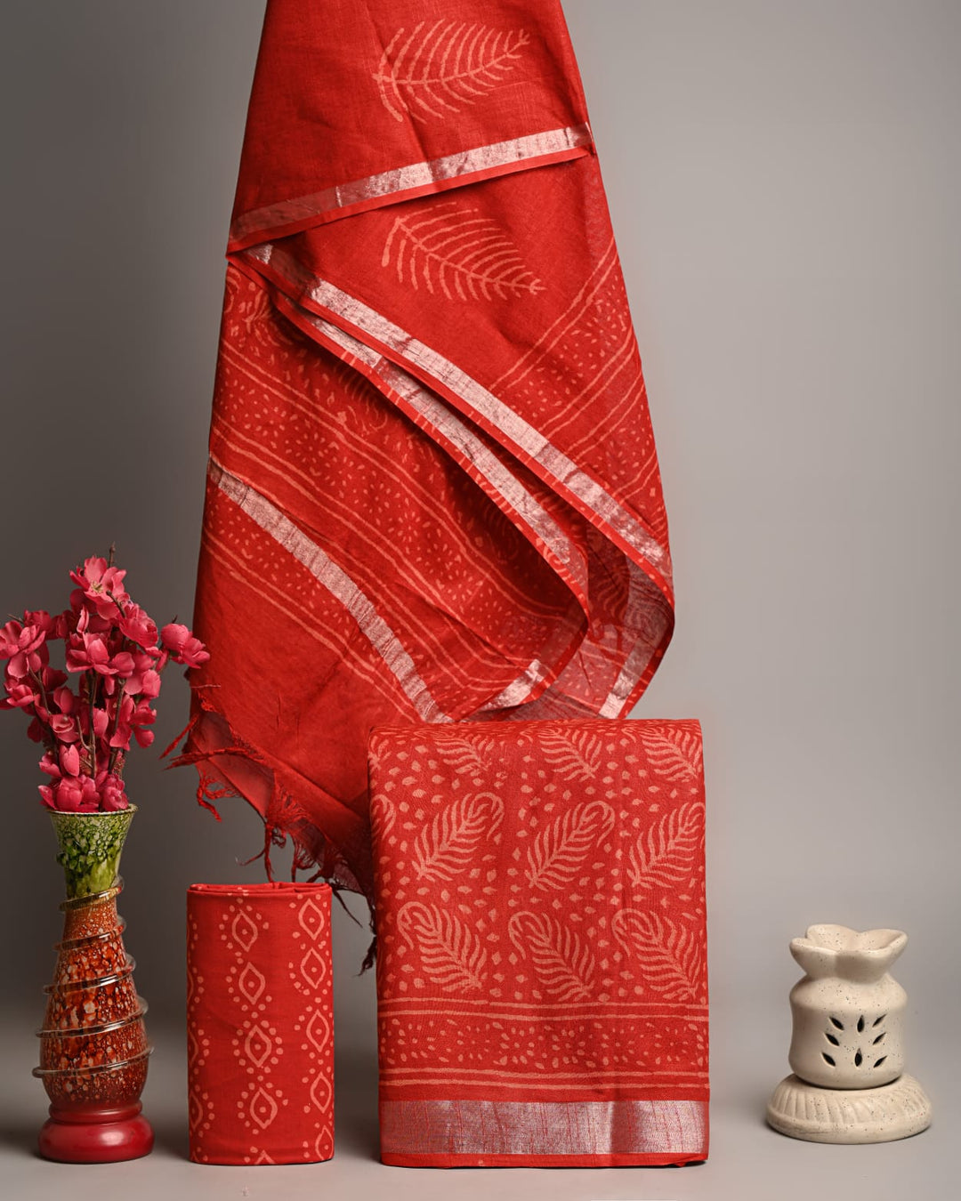 Handblock Printed Red Linen Cotton Suit Set with Zari Border