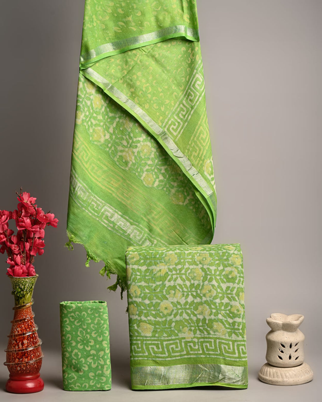 Lime Green Handblock Printed Linen Cotton Suit Set with Zari Border