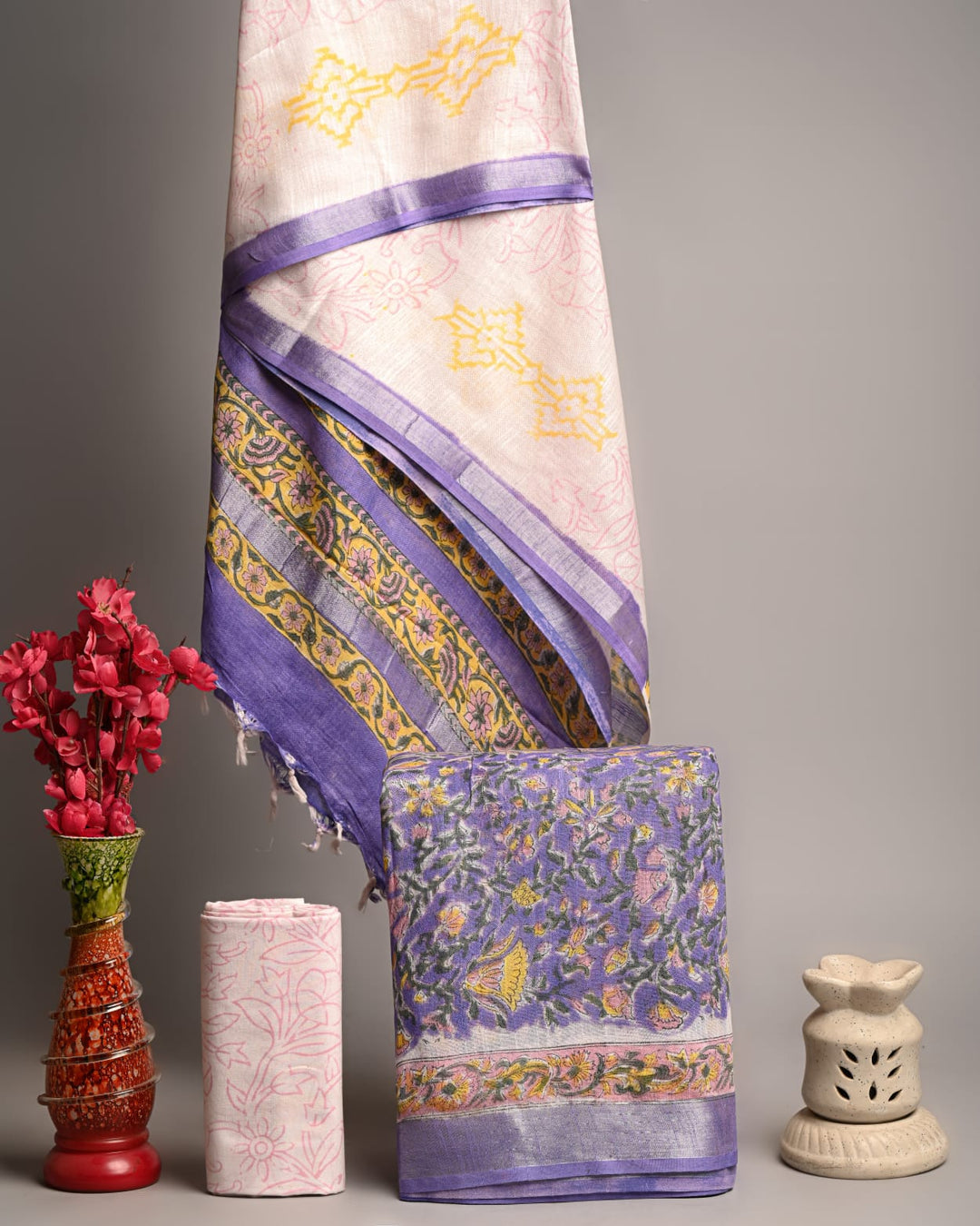 Handblock Printed Lavender & Ivory Linen Cotton Suit Set with Zari Border
