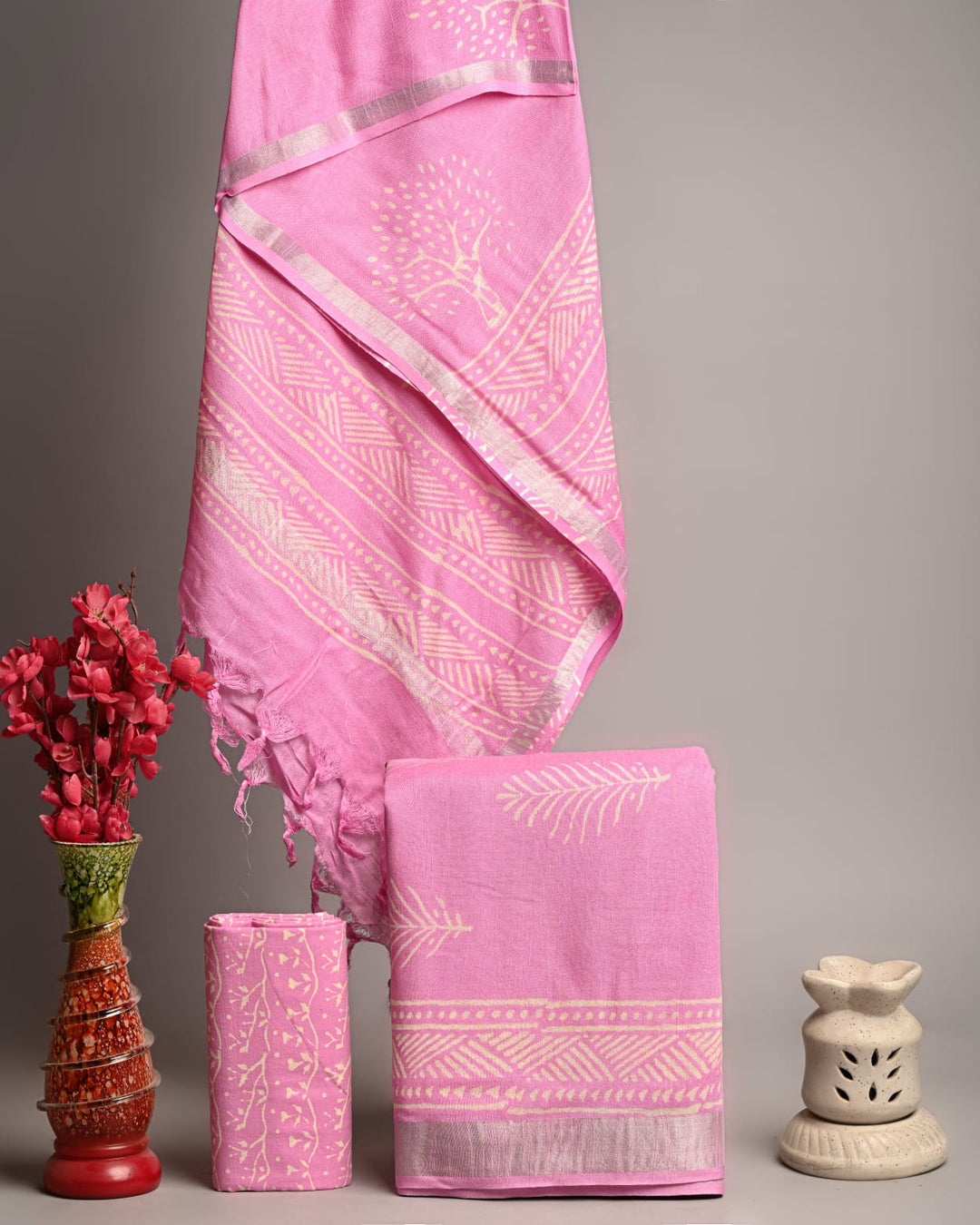 Candy Pink Handblock Printed Linen Cotton Suit Set with Tree of Life Dupatta