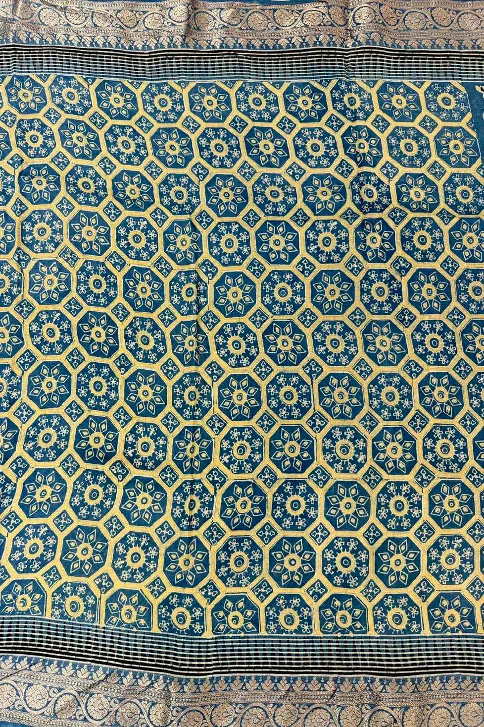 Teal blue Dola Silk Ajrakh Handblock Printed Saree