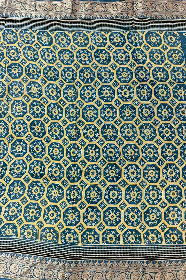 Teal blue Dola Silk Ajrakh Handblock Printed Saree
