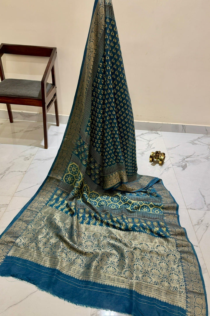 Teal blue Dola Silk Ajrakh Handblock Printed Saree