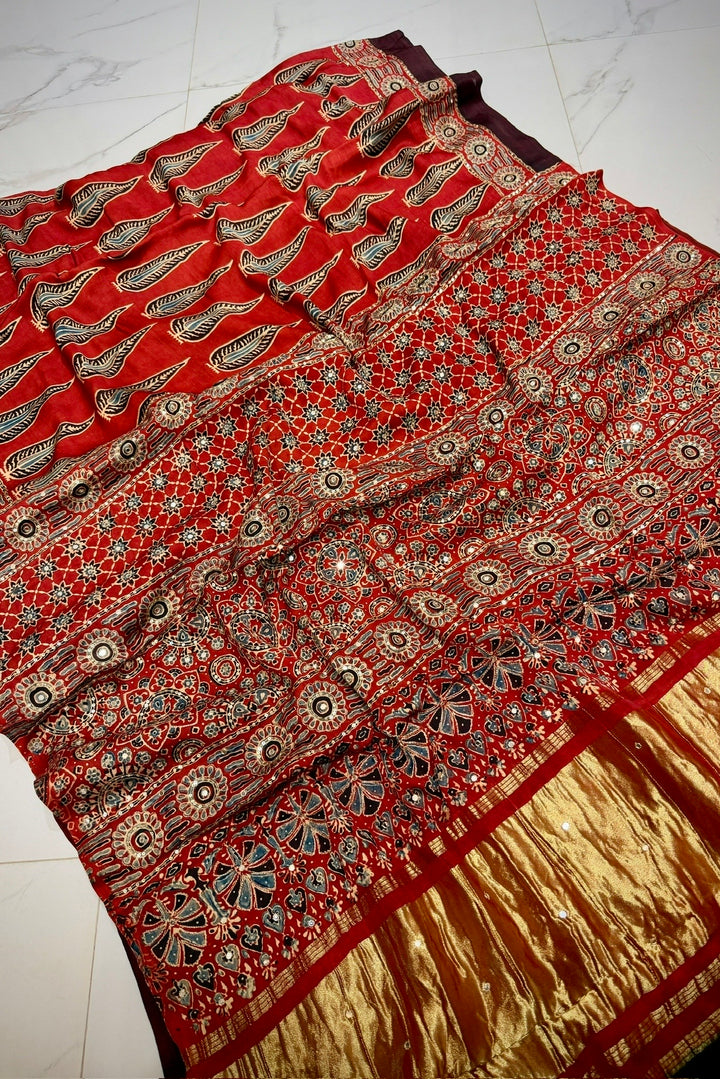 Royal Gajji Silk Handblock Saree with Aari-Tari Handwork & Pure Zari Pallu – Jaipur Craft Edition