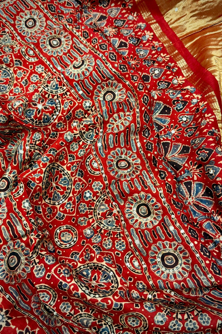 Royal Gajji Silk Handblock Saree with Aari-Tari Handwork & Pure Zari Pallu – Jaipur Craft Edition