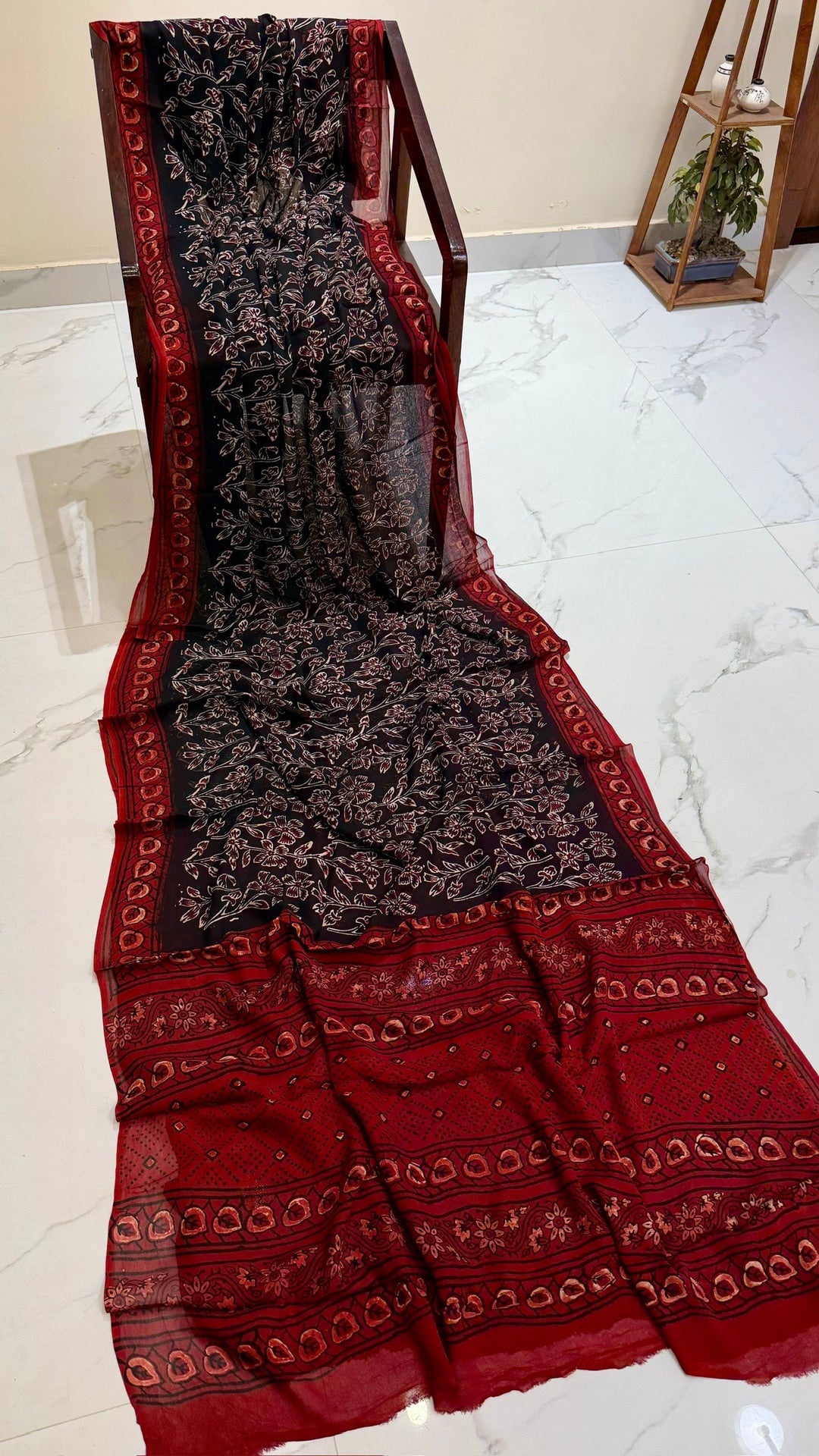 Midnight Black & Red Floral Vine Georgette Saree