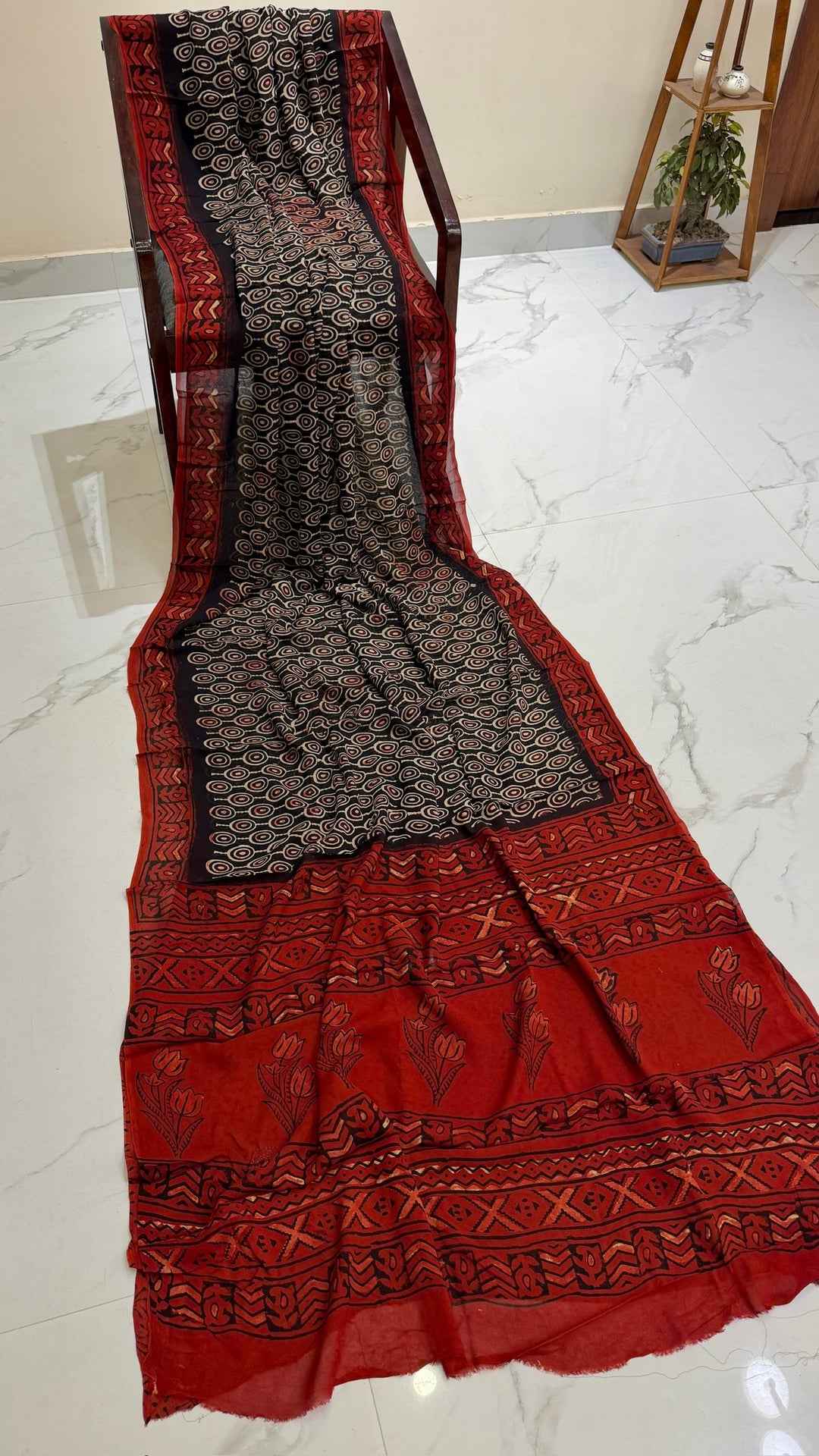 Black Oval Motif Handblock Georgette Saree
