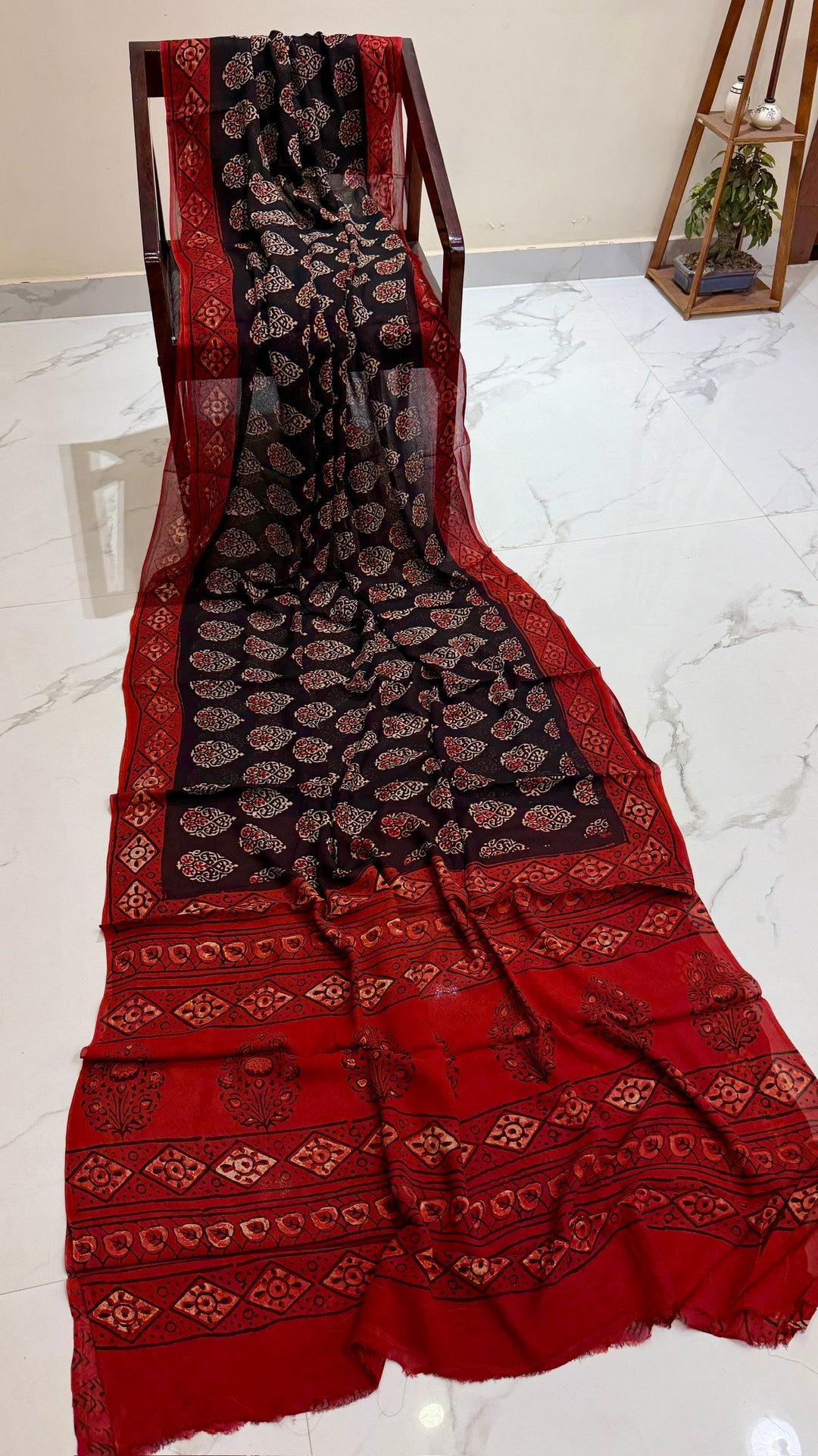 Black Paisley Leaf Handblock Georgette Saree