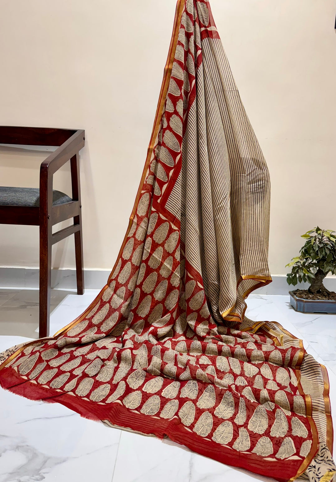 Rust Red & Beige Leaf Print Premium Chiffon Saree with Striped Pallu