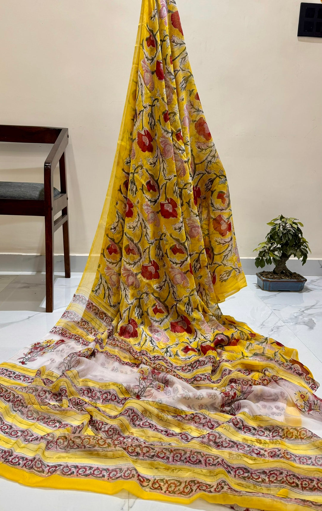 Vibrant Sunshine Yellow & Red Poppy Handblock Printed Double Diamond Chiffon Saree