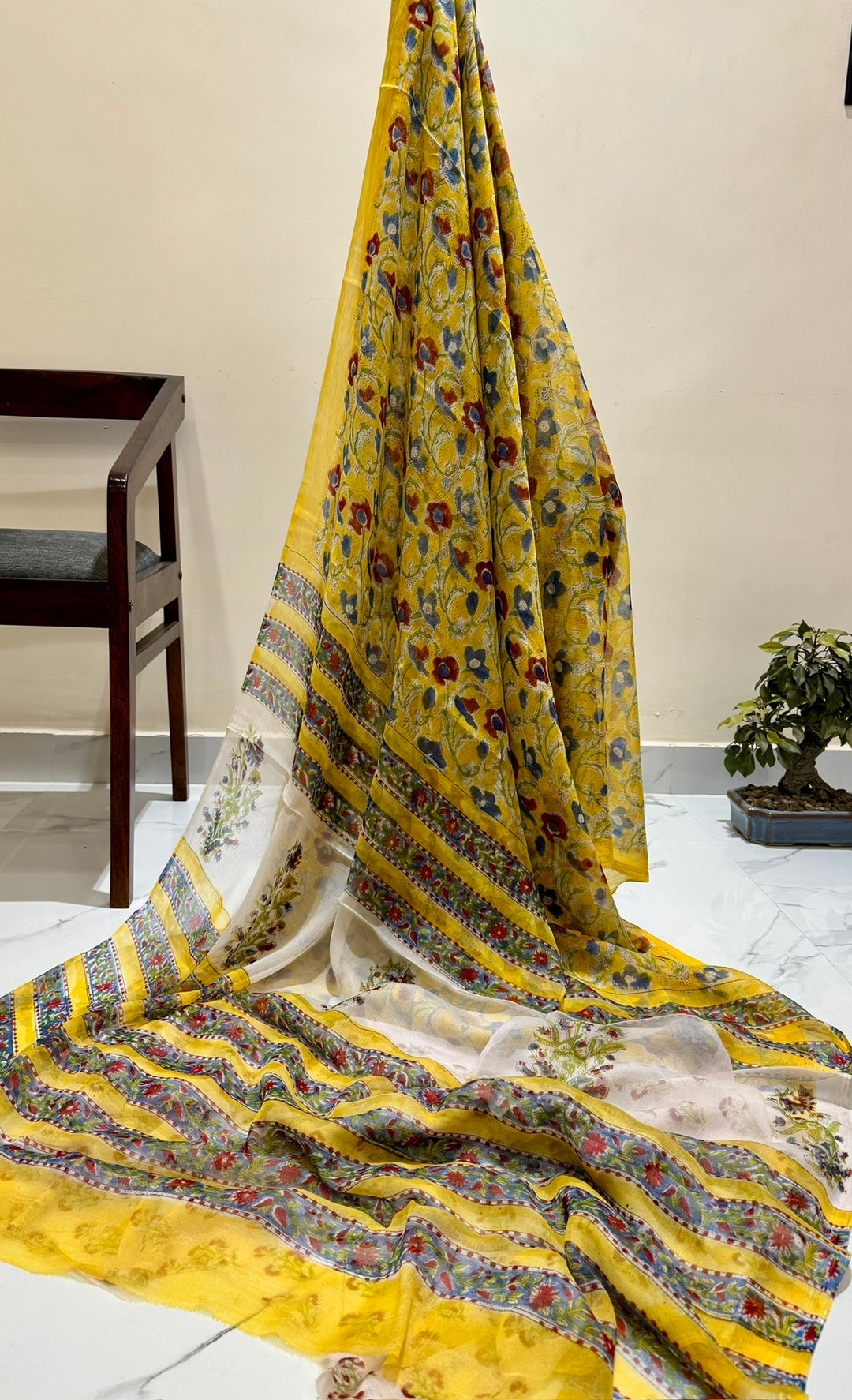 Golden Yellow & Teal Floral Jaal Handblock Print Double Diamond Chiffon Saree