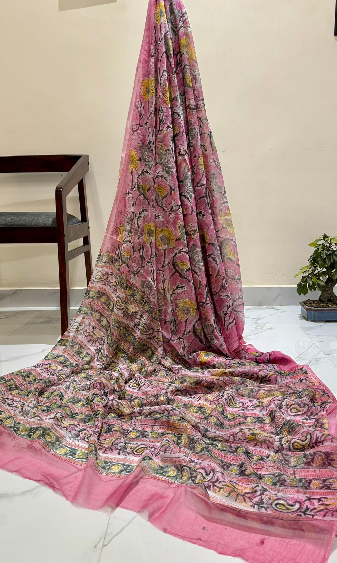 Candy Pink & Grey Paisleys Handblock Printed Double Diamond Chiffon Saree