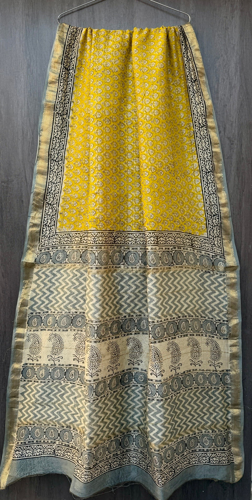 Bright Yellow & Grey Zigzag Paisley Handblock Printed Pure Maheshwari Silk Saree