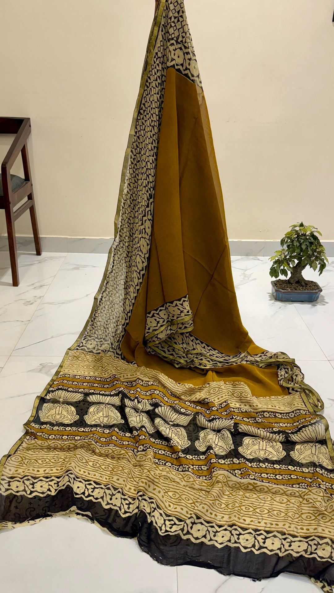 Handblock Printed Pure Chiffon Saree in Mustard Yellow & Charcoal Traditional Prints