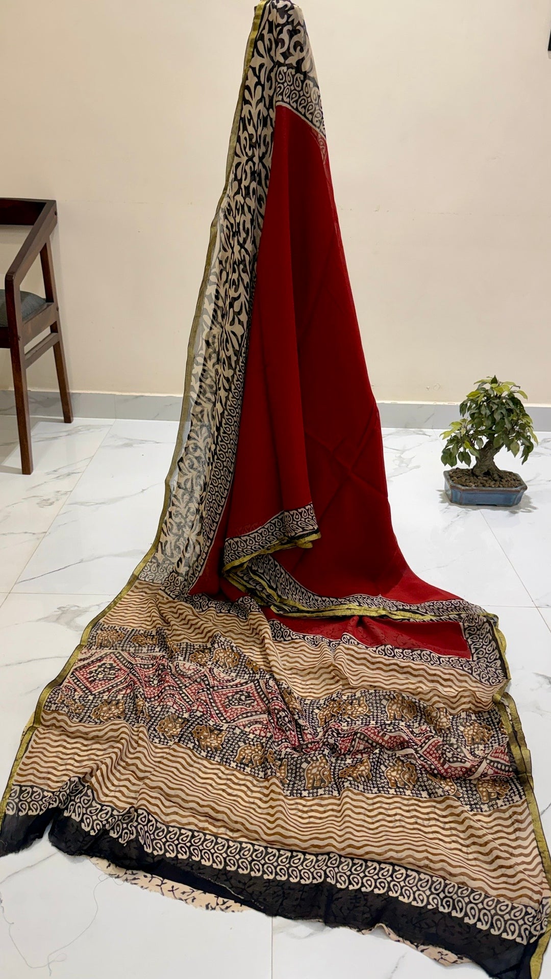 Deep Red & Beige Handblock Printed Pure Chiffon Saree with Elephant Motif Border