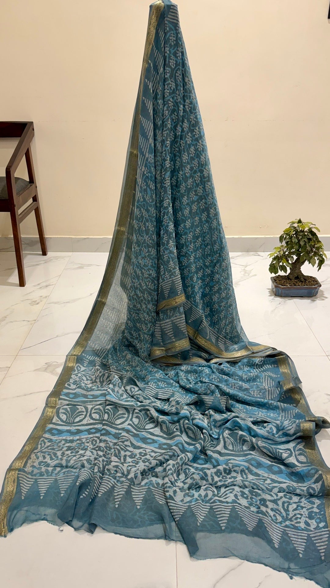 Indigo Blue Handblock Printed Pure Chiffon Saree with Traditional Floral Patterns