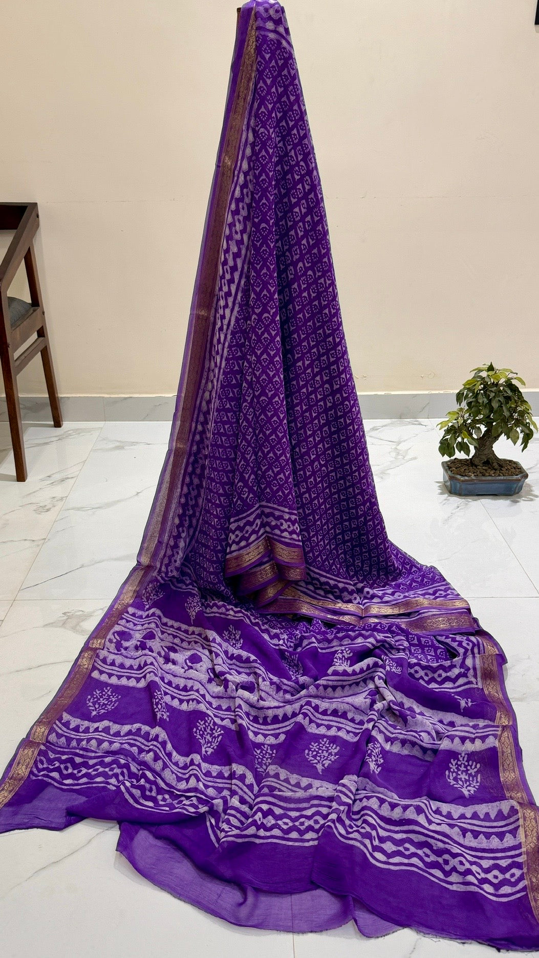 Royal Purple Pure Chiffon Handblock Printed Saree in Geometrical & Tribal Prints