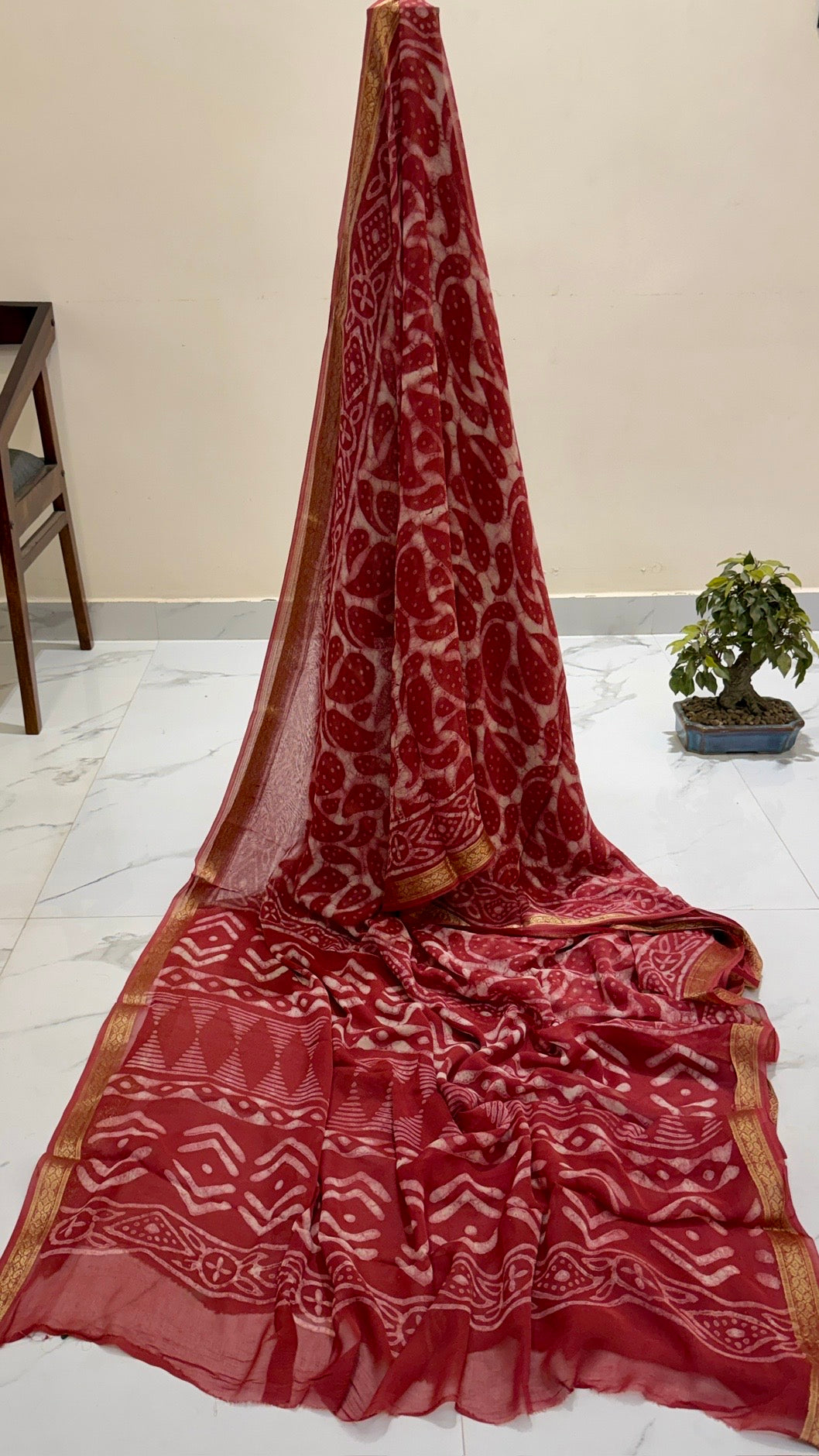 Maroon Red & Cream Handblock Printed Pure Chiffon Saree with Classic Paisley Motifs