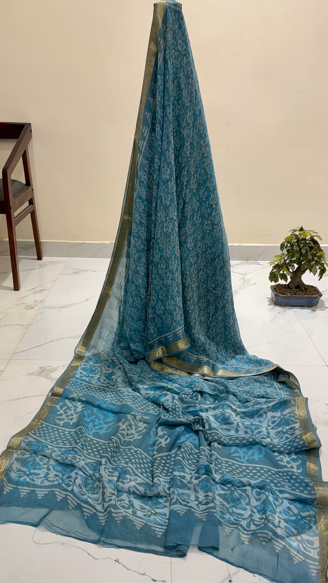 Teal Blue Handblock Printed Pure Chiffon Saree with Delicate Floral Block Patterns