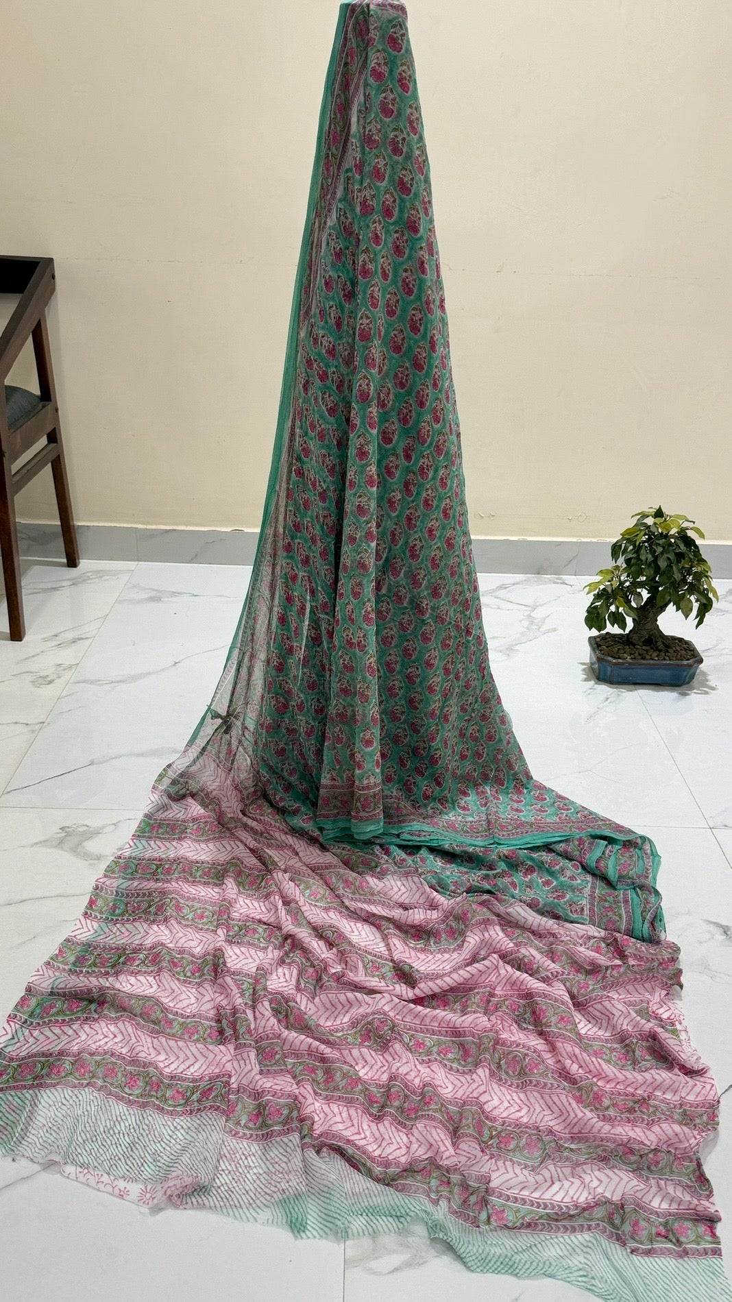 Sea Green & Dusty Pink Handblock Printed Pure Chiffon Saree with Floral Buti Prints