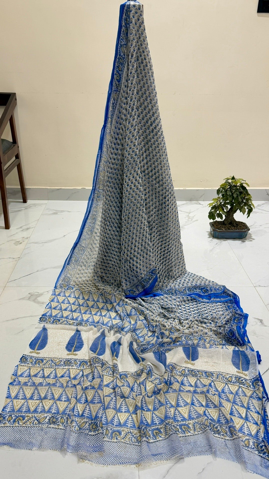 Royal Blue & Off-White Pure Chiffon Handblock Printed Saree with Geometric Borders