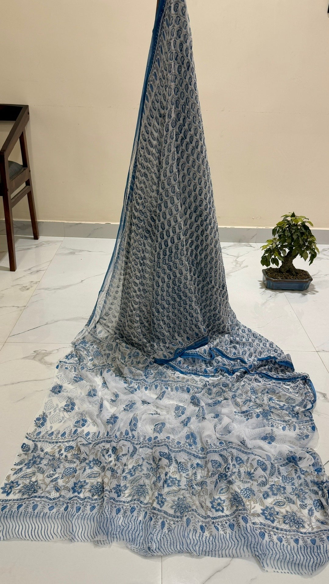 Powder Blue & White Floral Handblock Printed Pure Chiffon Saree