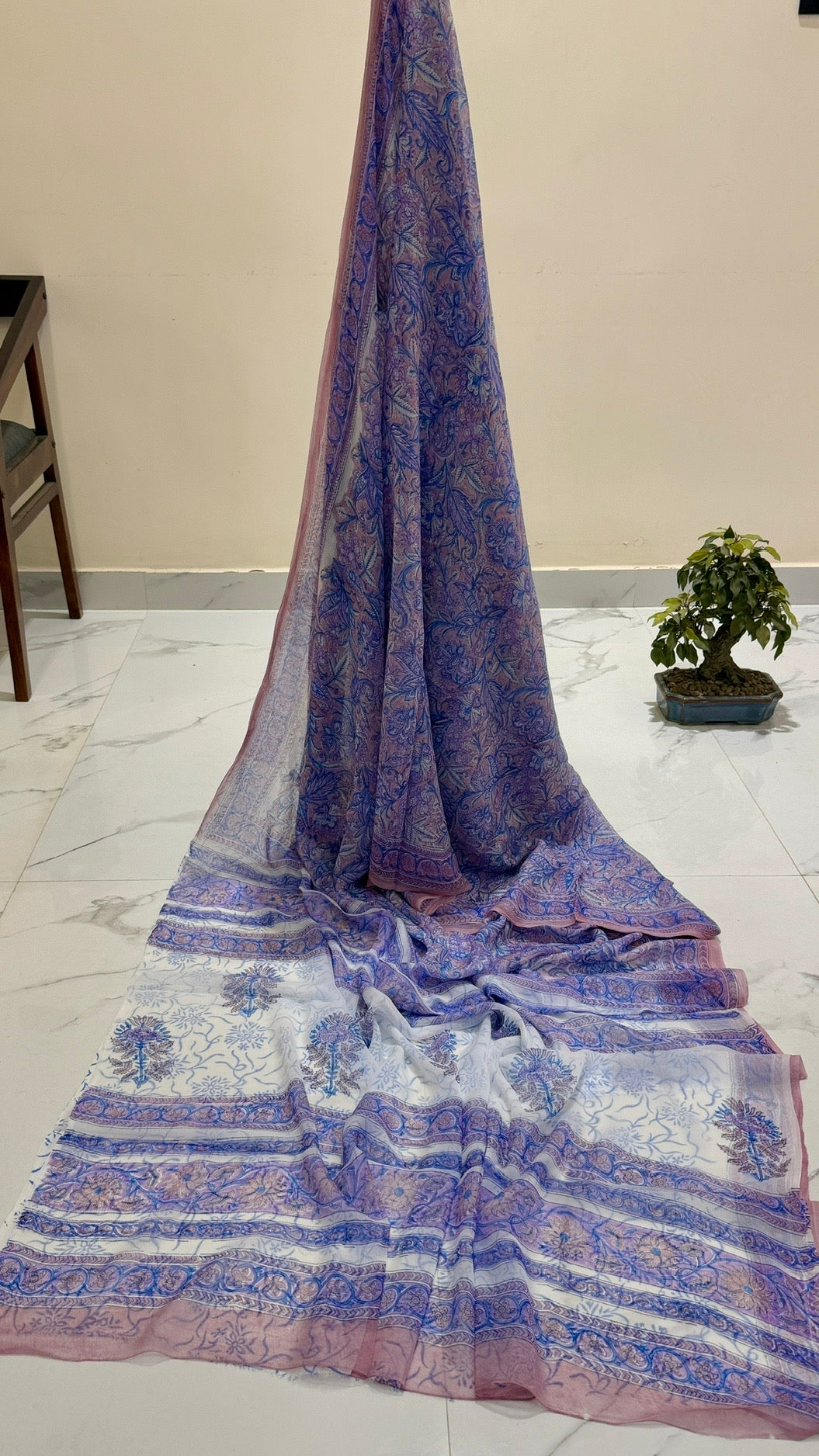 Pure Chiffon Handblock Printed Saree in Lavender & Royal Blue Floral Jaal