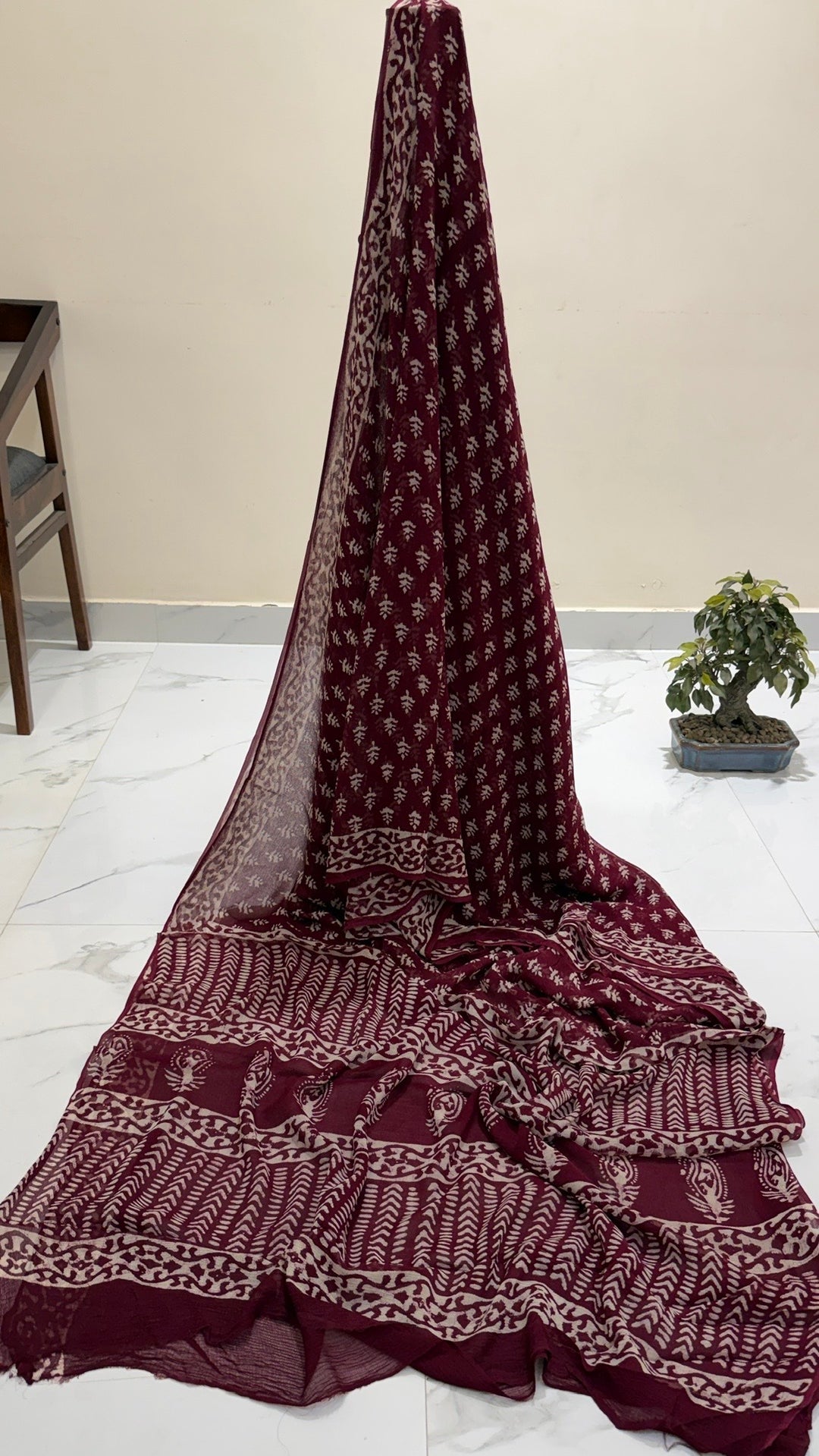 Pure Chiffon Handblock Printed Saree in Maroon & Beige Traditional Butti Print