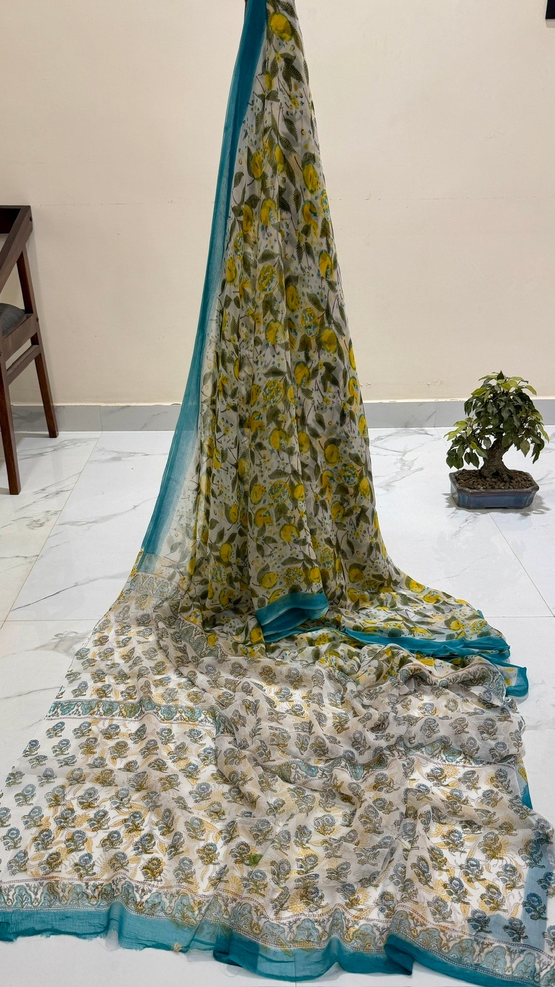Pure Chiffon Handblock Printed Saree in Off-White & Mustard Yellow Lemon Floral Jaal