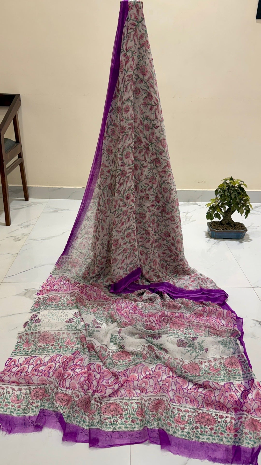 Pure Chiffon Handblock Printed Saree in Off-White & Magenta Pink Floral Vine Print