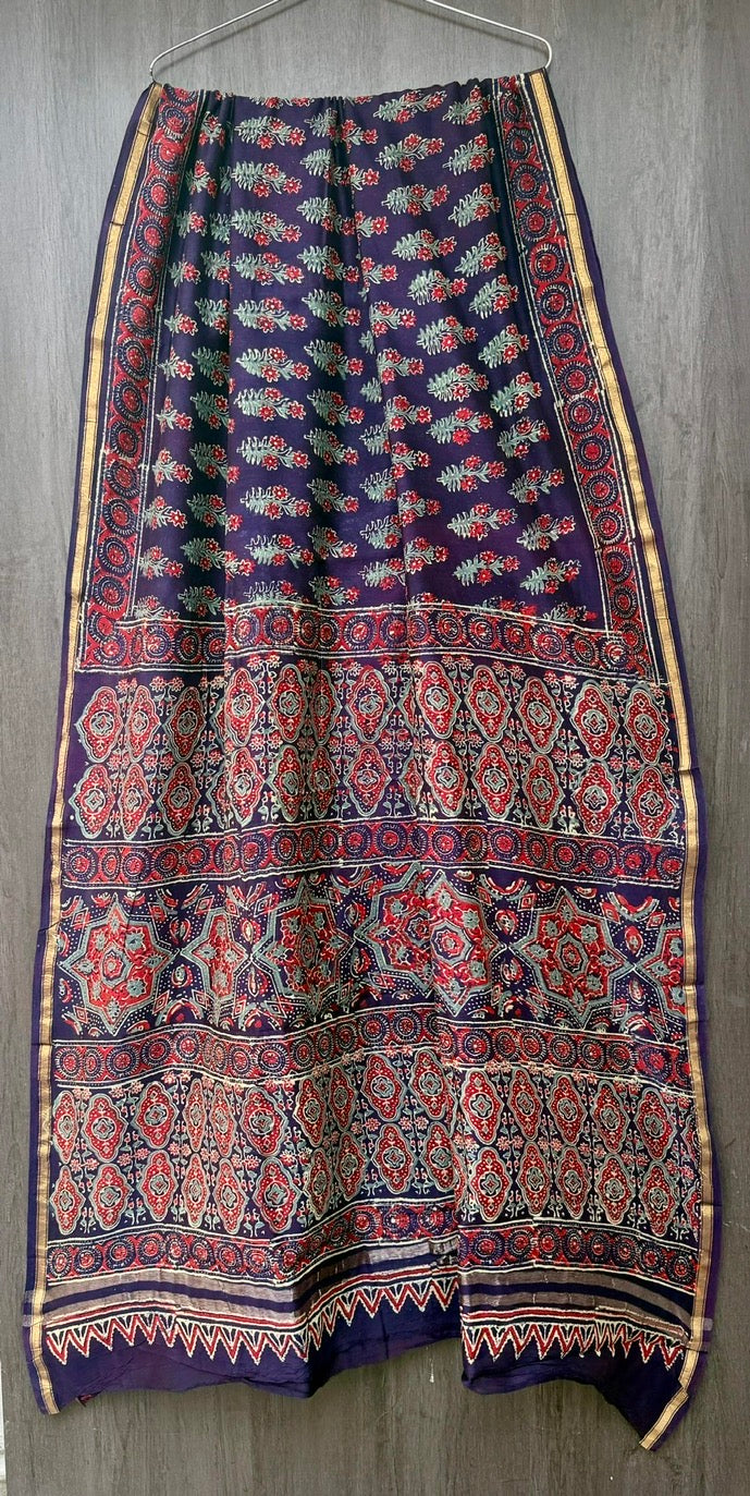 Barmeri Ajrakh Chanderi Bagru Handblock Printed Silk Cotton Saree With Blouse - Navy Blue